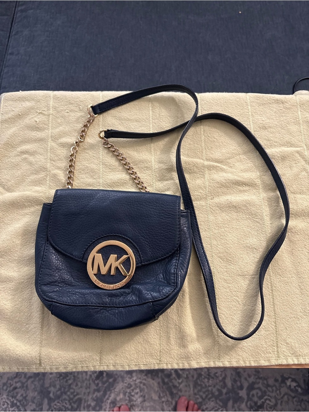 Michael Kors Navy Leather Crossbody with Gold MK Medallion